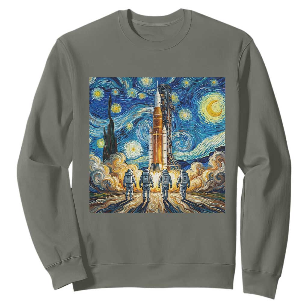 Lunar Mission Astronaut Starry Night Sweatshirt Space Lover Gift TS12 Military Green Print Your Wear