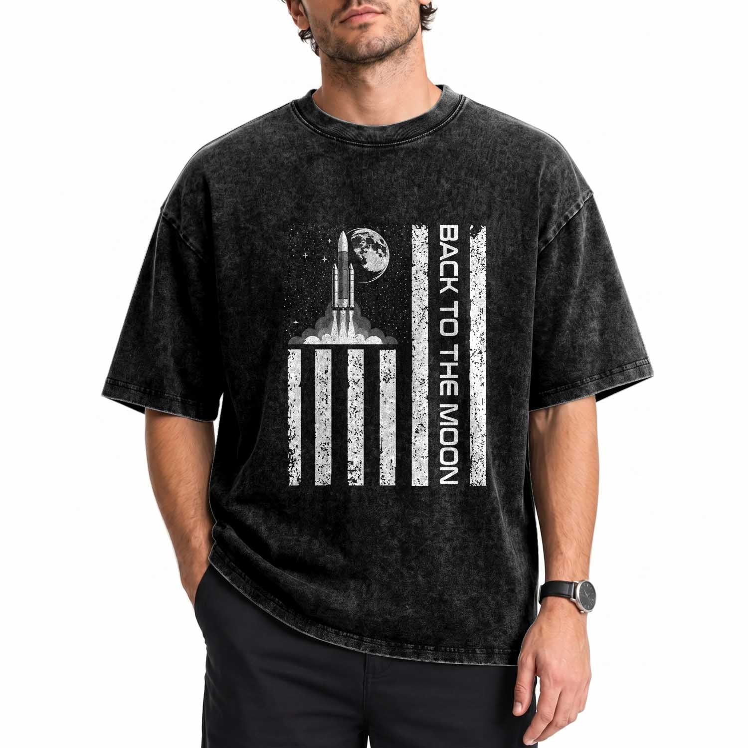 Patriotic American Pride Astronaut Lunar Mission Washed Cotton T-Shirt Back To The Moon
