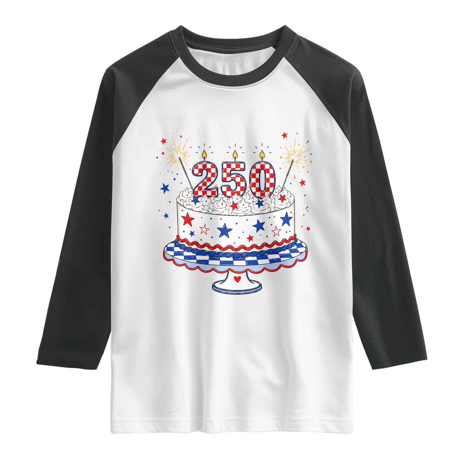 USA 250th Anniversary Birthday Cake Party Gift Raglan Shirt TS12 White Black Print Your Wear