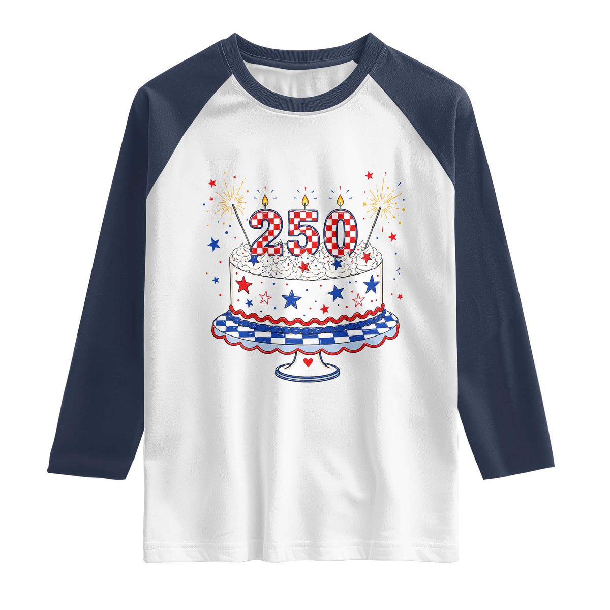USA 250th Anniversary Birthday Cake Party Gift Raglan Shirt TS12 White Navy Print Your Wear