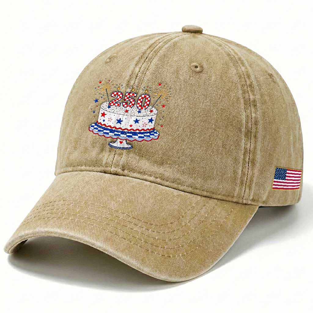 USA 250th Anniversary Birthday Cake Party Gift Washed Cotton Baseball Cap TS12 Print Your Wear