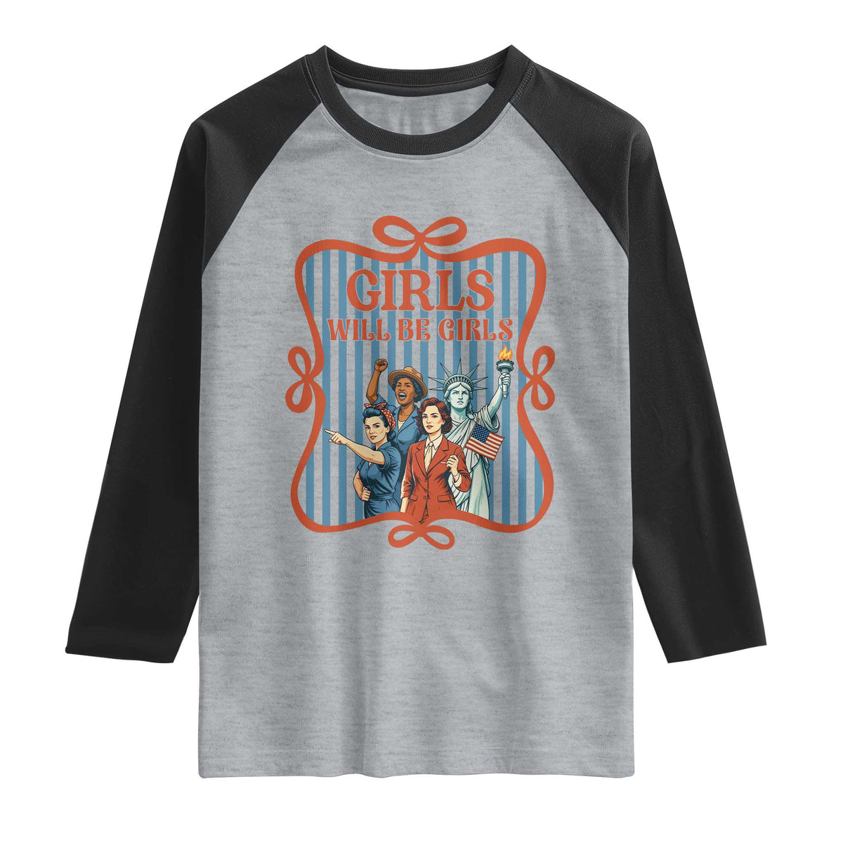 Red White Blue Feminist Pride Raglan Shirt Girls Will Be Girls TS12 Heather Gray Black Print Your Wear