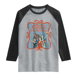 Red White Blue Feminist Pride Raglan Shirt Girls Will Be Girls TS12 Heather Gray Black Print Your Wear