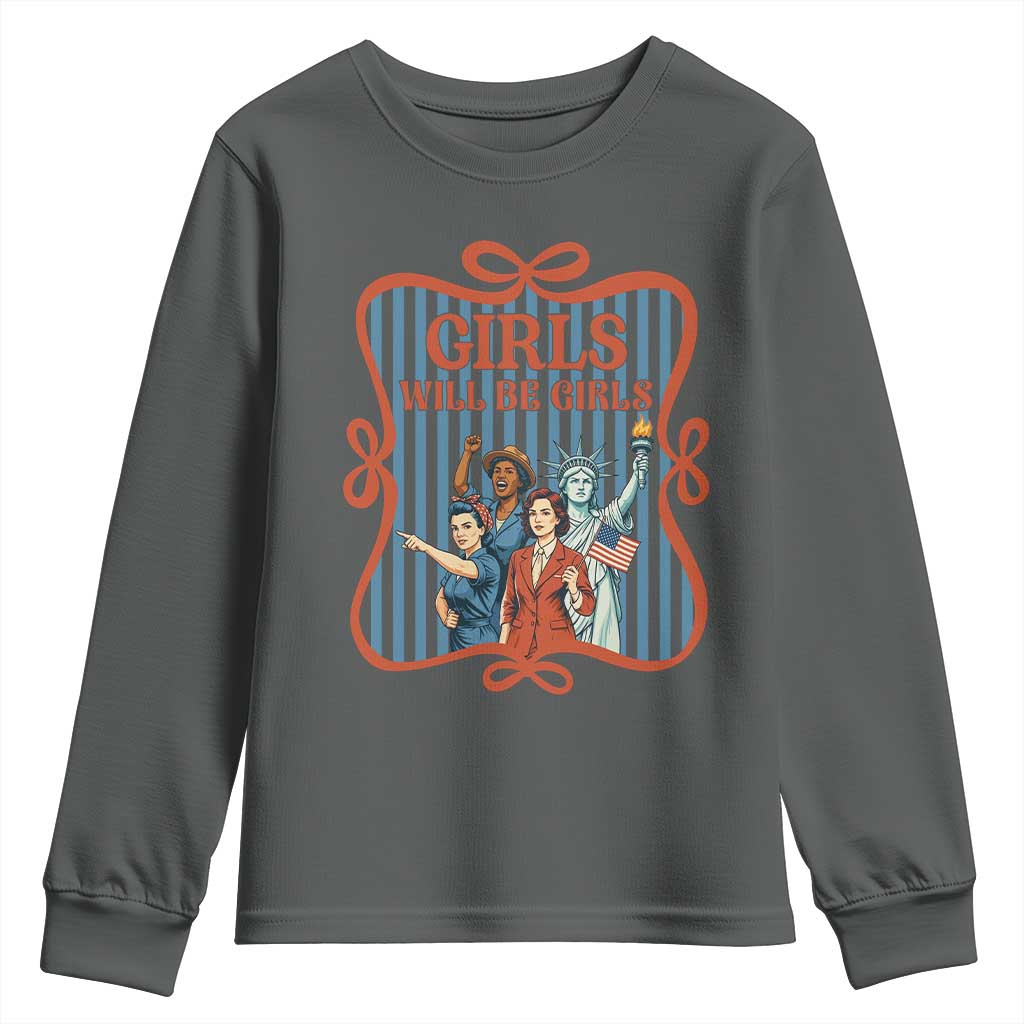 Red White Blue Feminist Pride Youth Sweatshirt Girls Will Be Girls TS12 Dark Heather Print Your Wear