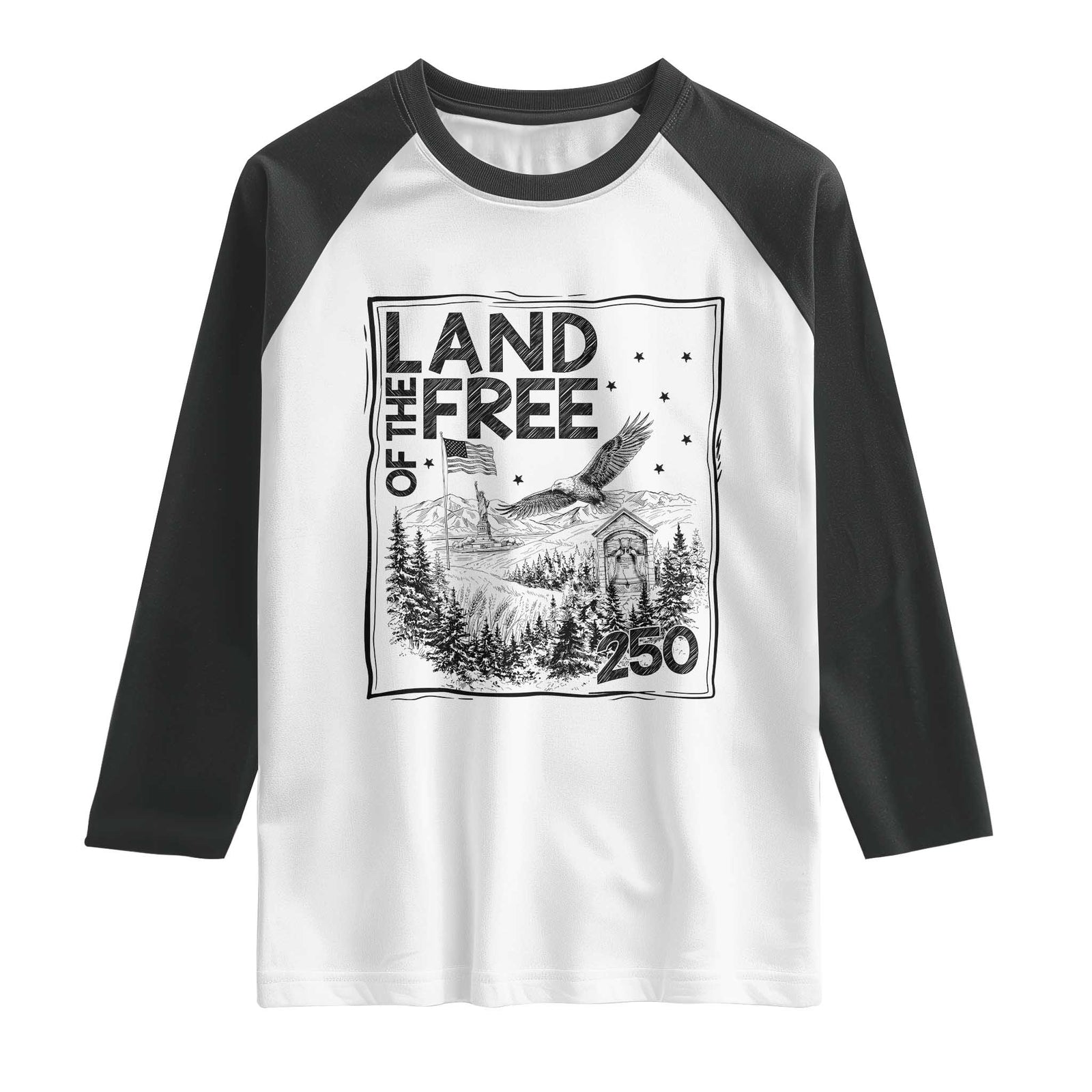 Vintage USA 250 Patriotic Pride Raglan Shirt Land Of The Free TS12 White Black Print Your Wear