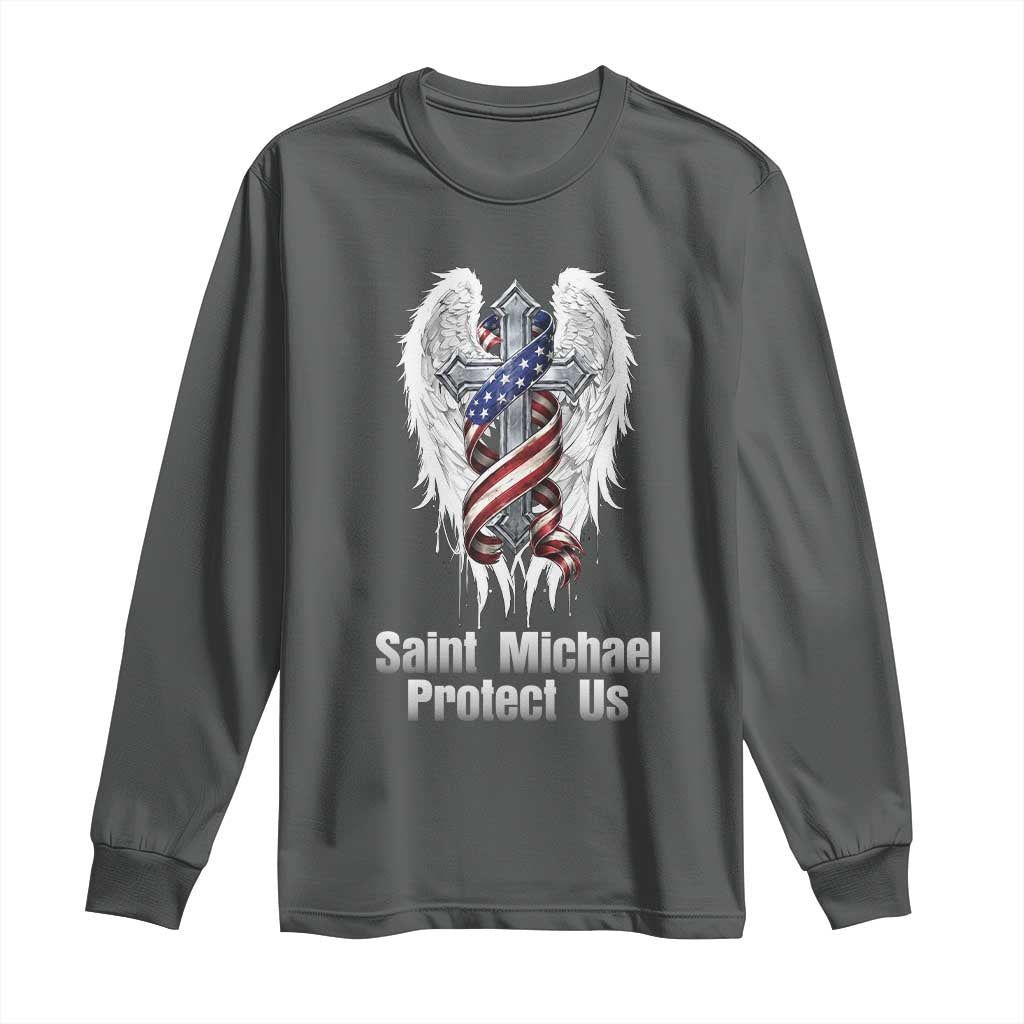 Saint Michael Protect Us American Christian Heritage Long Sleeve Shirt Catholic Faith Gift TS12 Dark Heather Print Your Wear