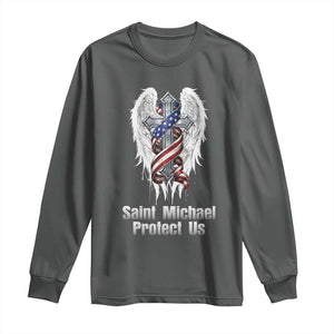 Saint Michael Protect Us American Christian Heritage Long Sleeve Shirt Catholic Faith Gift TS12 Dark Heather Print Your Wear