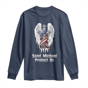 Saint Michael Protect Us American Christian Heritage Long Sleeve Shirt Catholic Faith Gift TS12 Navy Print Your Wear
