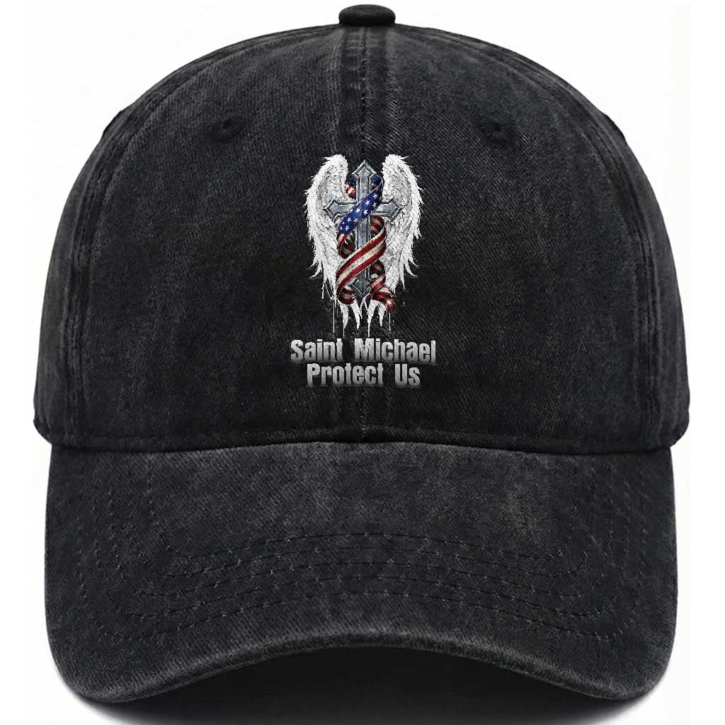 Saint Michael Protect Us American Christian Heritage Washed Cotton Baseball Cap Catholic Faith Gift TS12 Print Your Wear