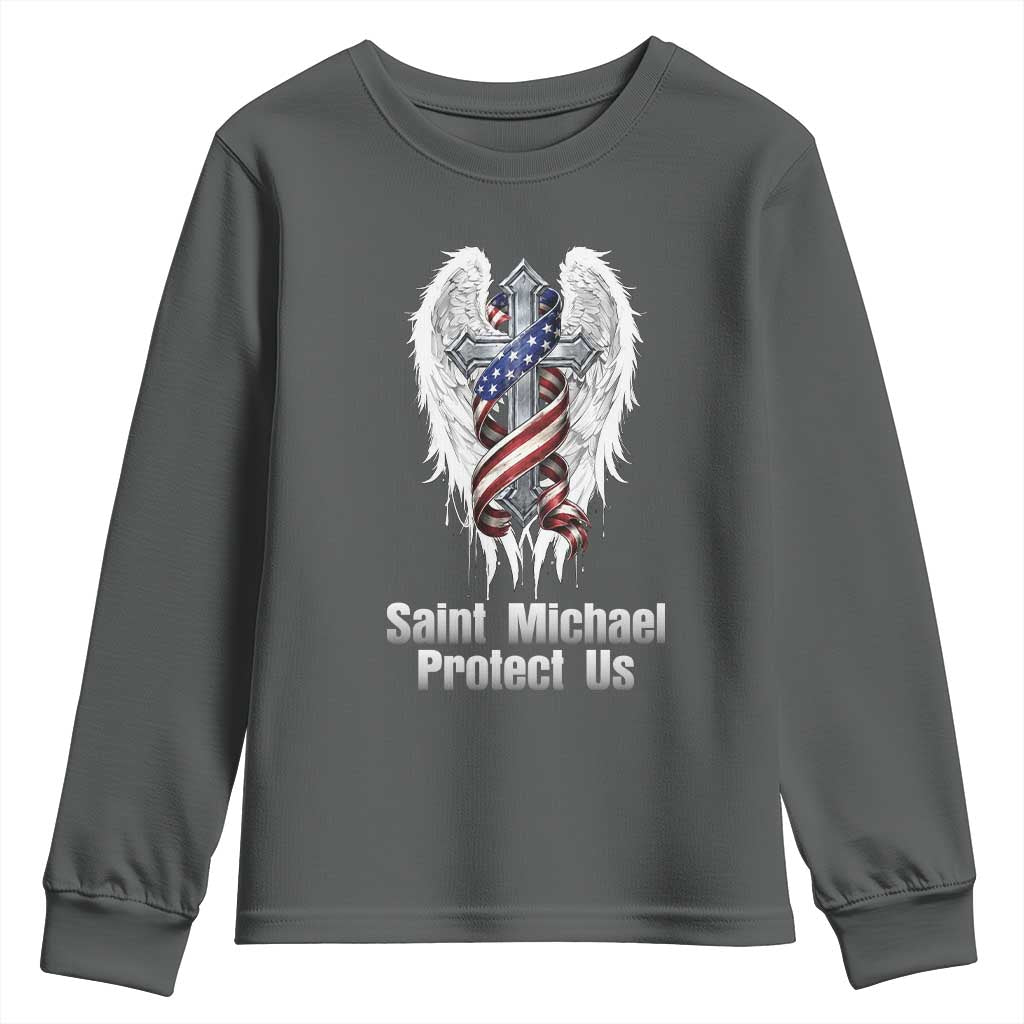 Saint Michael Protect Us American Christian Heritage Youth Sweatshirt Catholic Faith Gift TS12 Dark Heather Print Your Wear
