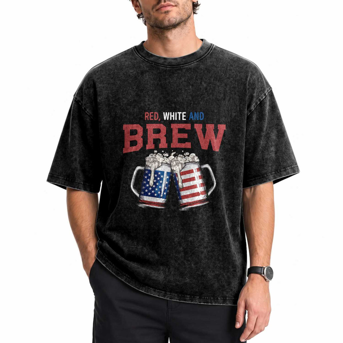 American Flag Beer Lover Washed Cotton T-Shirt Red White And Brew