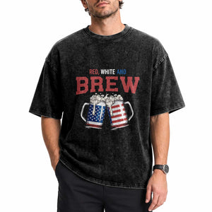 American Flag Beer Lover Washed Cotton T-Shirt Red White And Brew