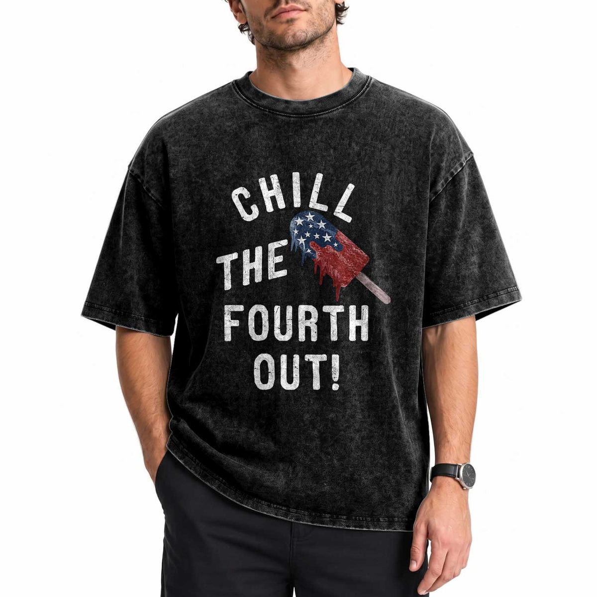 American Flag Popsicle Washed Cotton T-Shirt Chill The Fourth Out