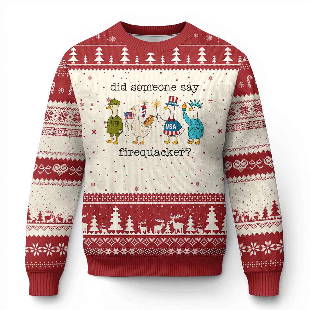 Funny Duck 4th Of July Ugly Christmas Sweater Did Someone Say Firequacker TS12 Beige Red Print Your Wear