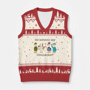 Funny Duck 4th Of July V-Neck Knit Sweater Vest Did Someone Say Firequacker TS12 Beige Red Print Your Wear