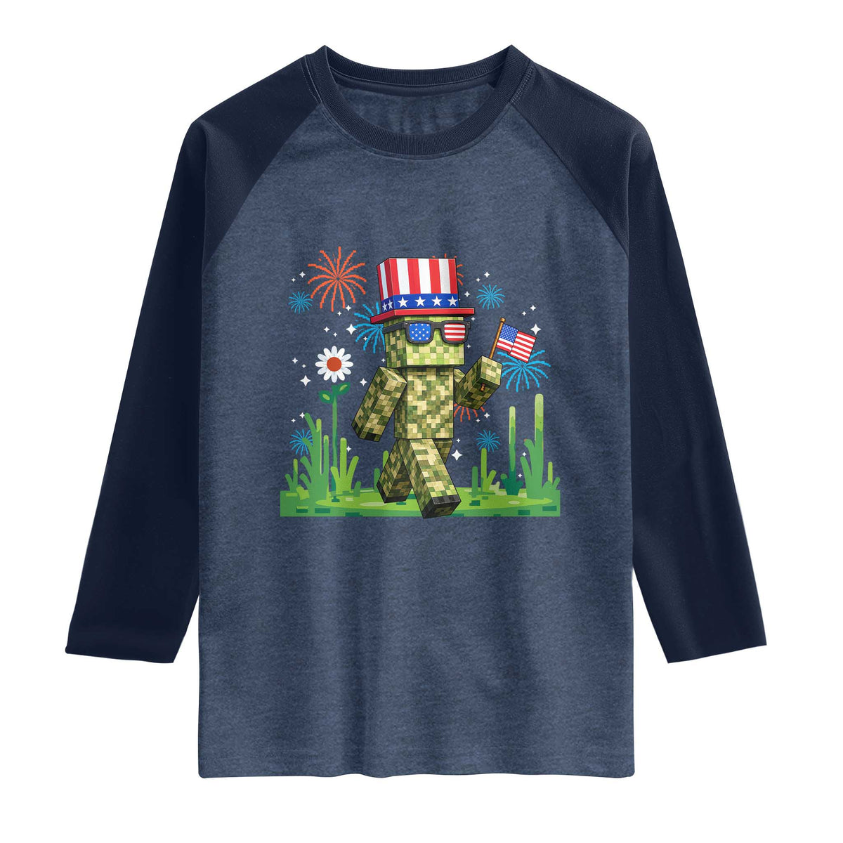 4th Of July Gamer Raglan Shirt Pixel Art US Flag Gaming TS12 Heather Denim Navy Print Your Wear