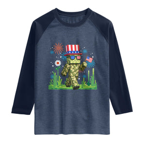 4th Of July Gamer Raglan Shirt Pixel Art US Flag Gaming TS12 Heather Denim Navy Print Your Wear