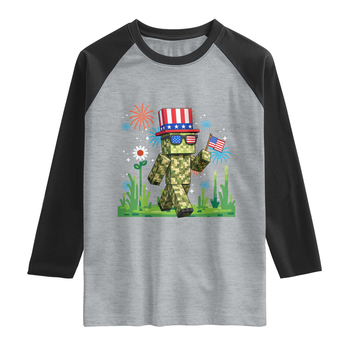 4th Of July Gamer Raglan Shirt Pixel Art US Flag Gaming TS12 Heather Gray Black Print Your Wear