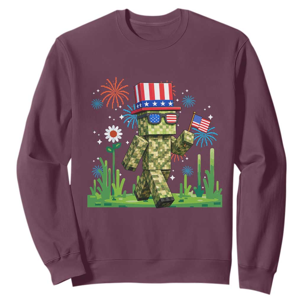 4th Of July Gamer Sweatshirt Pixel Art US Flag Gaming TS12 Maroon Print Your Wear