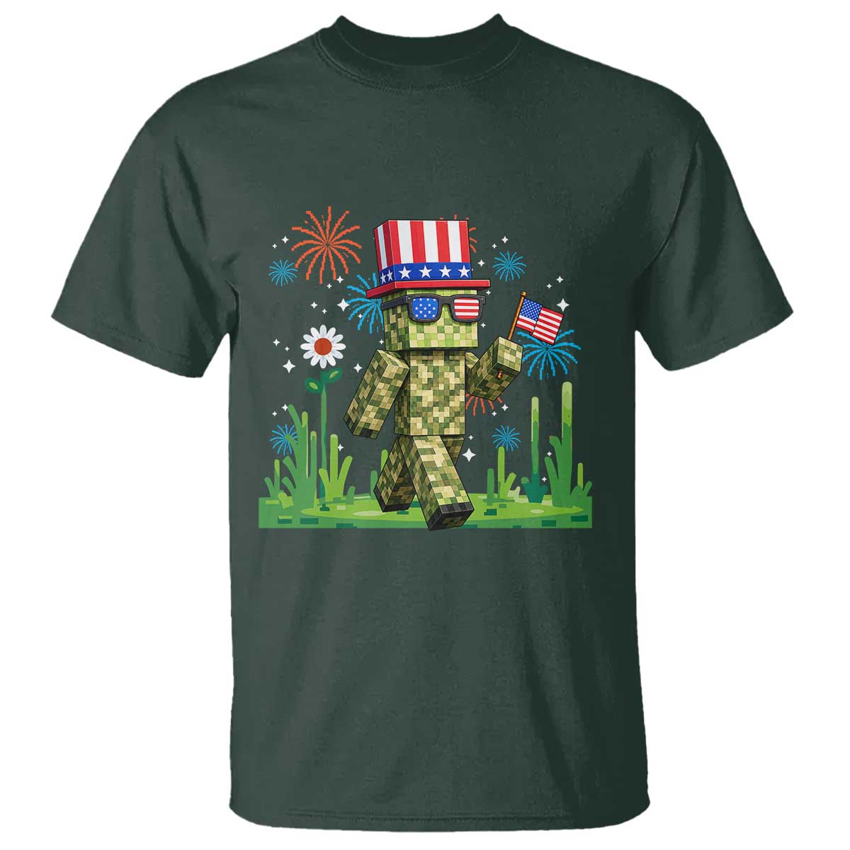 4th Of July Gamer T Shirt Pixel Art US Flag Gaming TS12 Dark Forest Green Print Your Wear