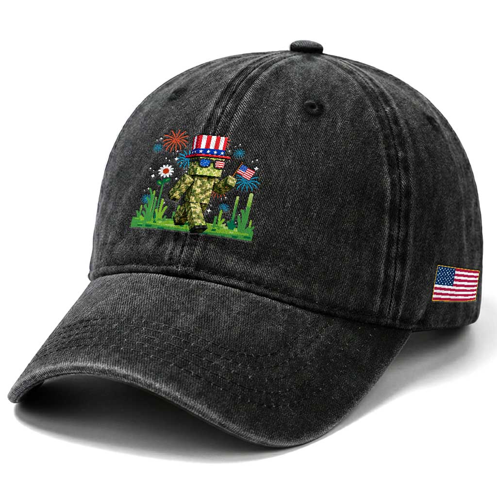4th Of July Gamer Washed Cotton Baseball Cap Pixel Art US Flag Gaming TS12 Print Your Wear