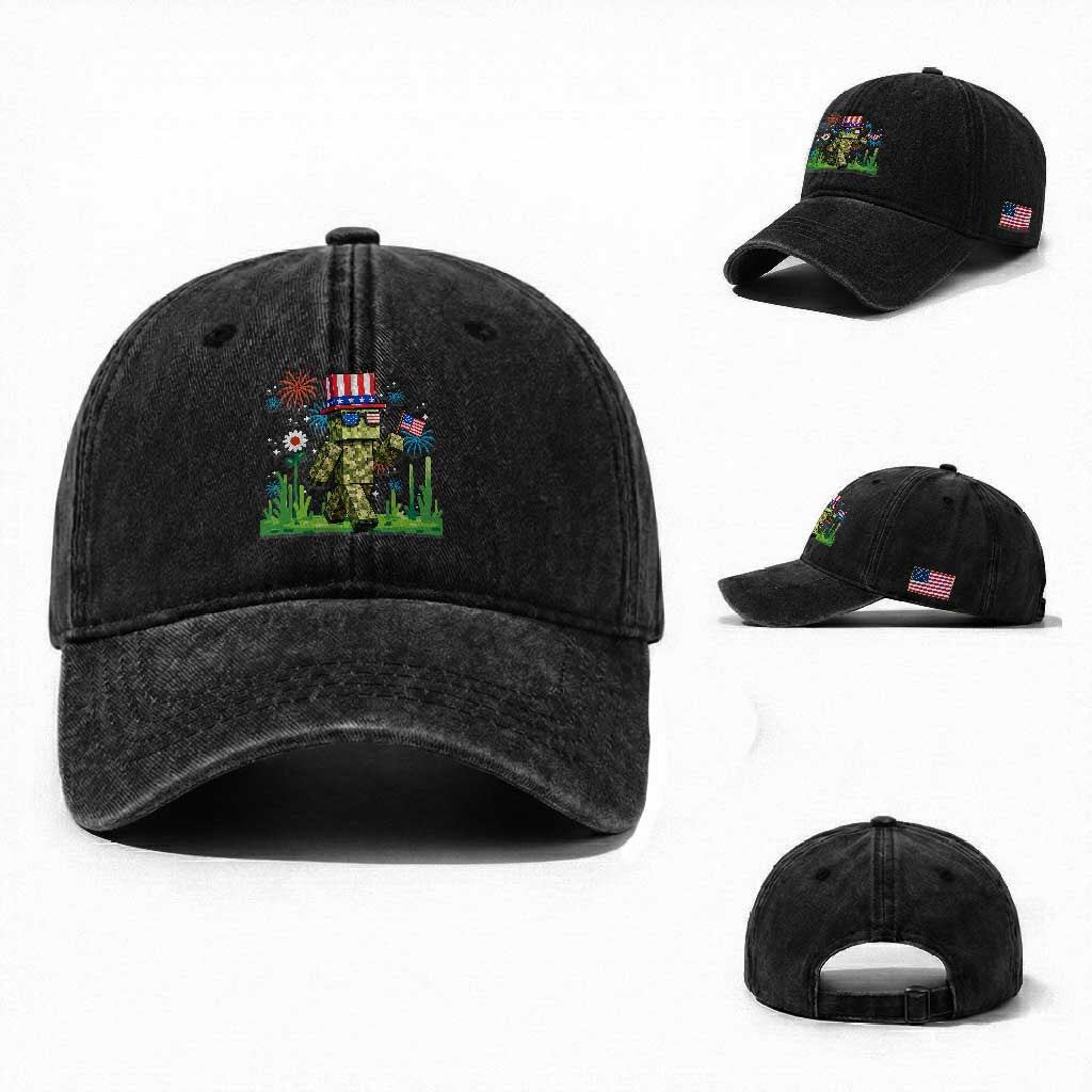 4th Of July Gamer Washed Cotton Baseball Cap Pixel Art US Flag Gaming TS12 Washed Cap Universal Fit Black Print Your Wear