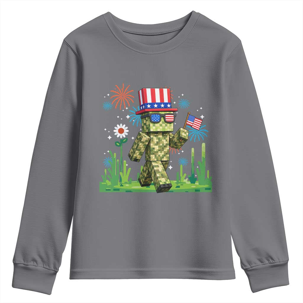 4th Of July Gamer Youth Sweatshirt Pixel Art US Flag Gaming TS12 Charcoal Print Your Wear