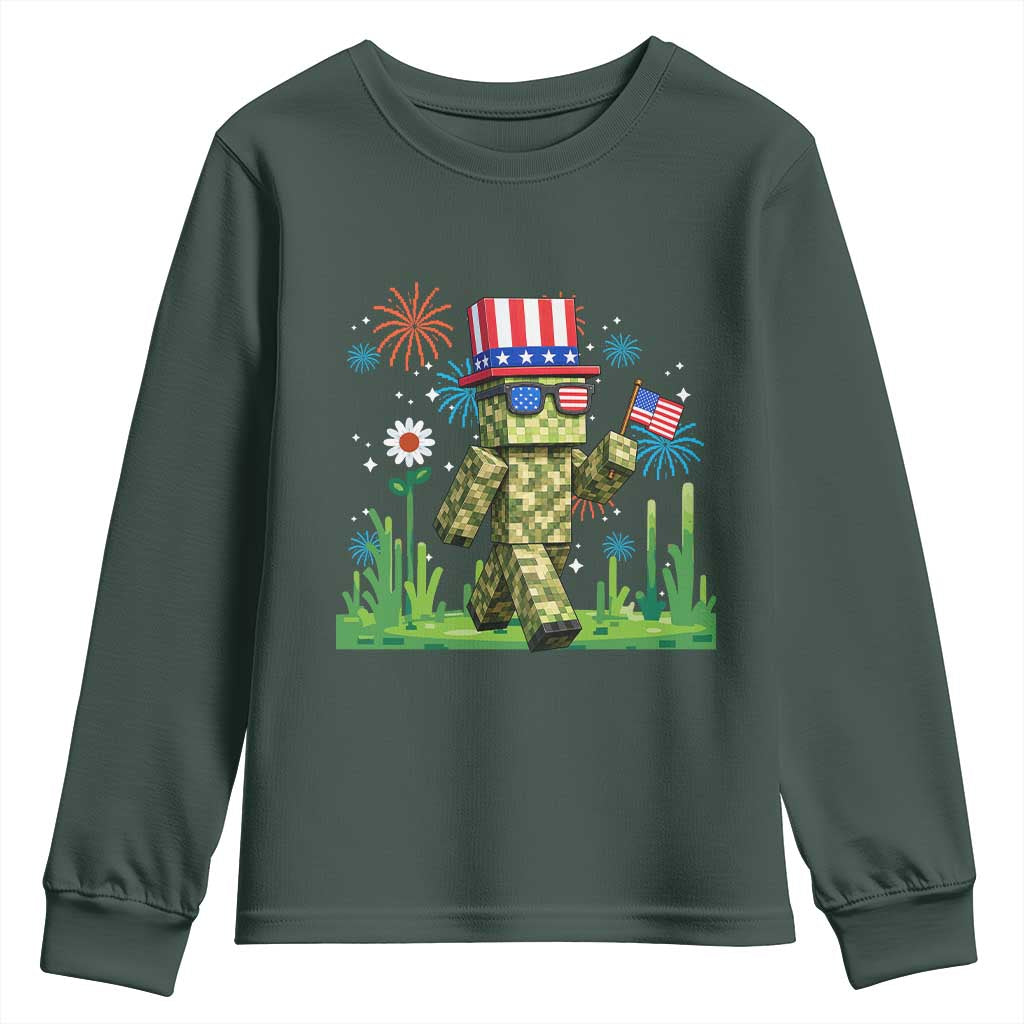 4th Of July Gamer Youth Sweatshirt Pixel Art US Flag Gaming TS12 Dark Forest Green Print Your Wear