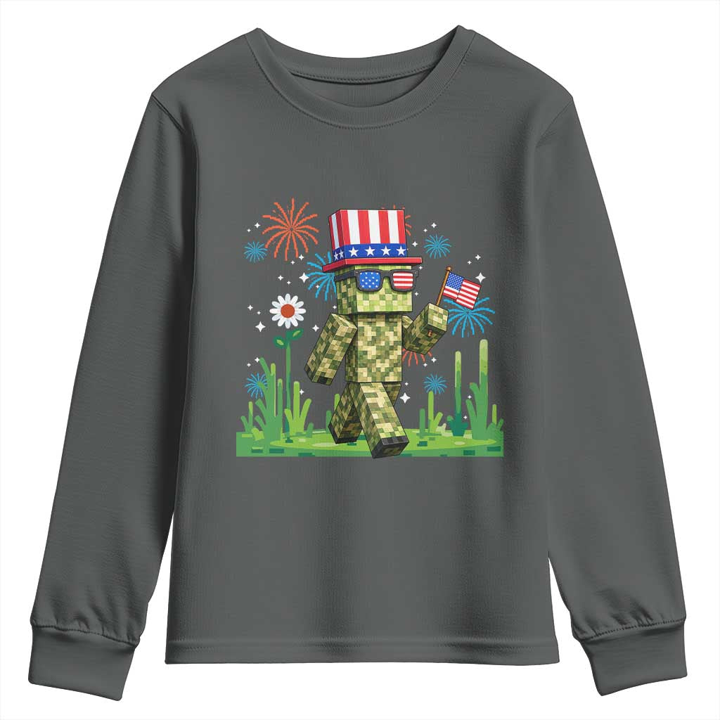 4th Of July Gamer Youth Sweatshirt Pixel Art US Flag Gaming TS12 Dark Heather Print Your Wear