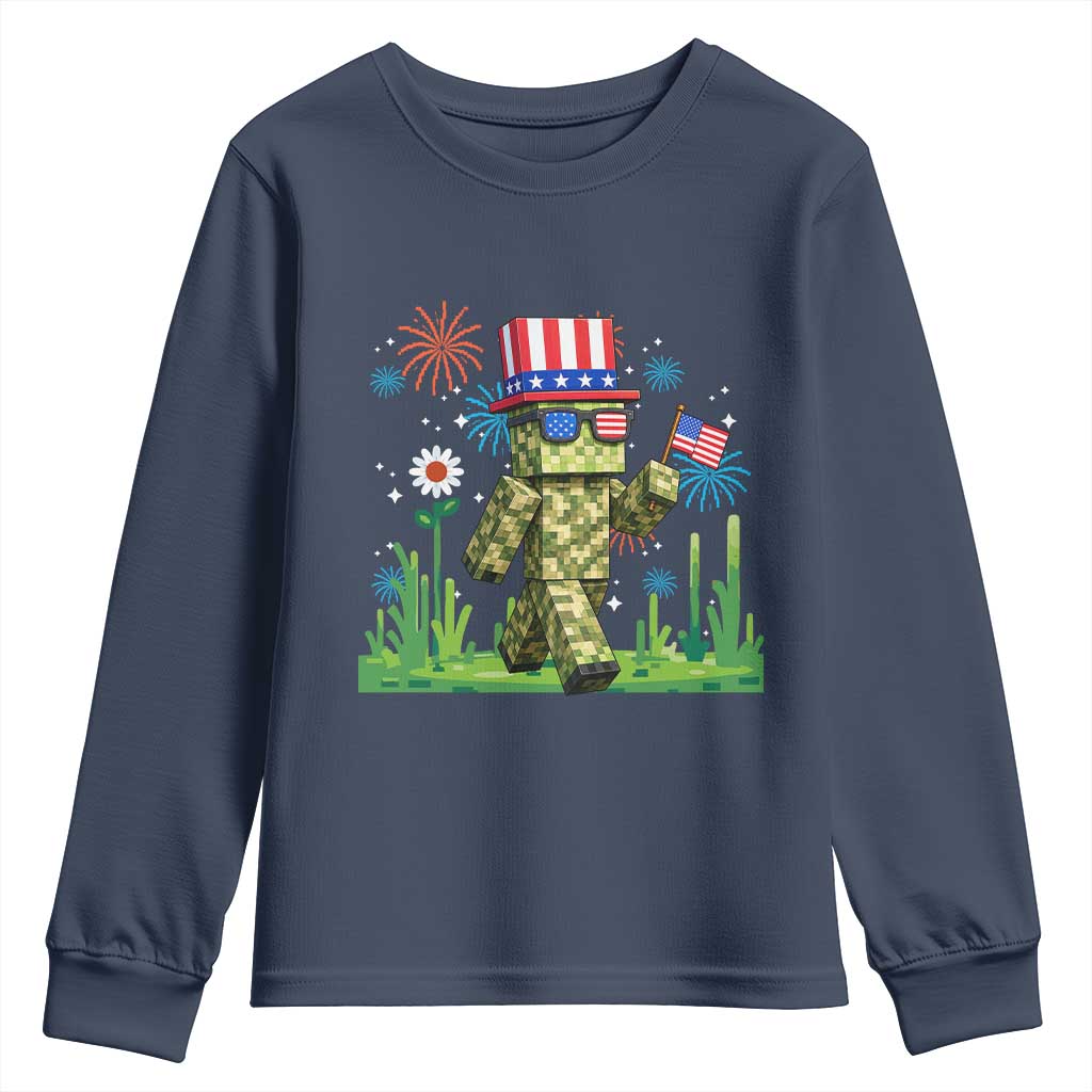 4th Of July Gamer Youth Sweatshirt Pixel Art US Flag Gaming TS12 Navy Print Your Wear