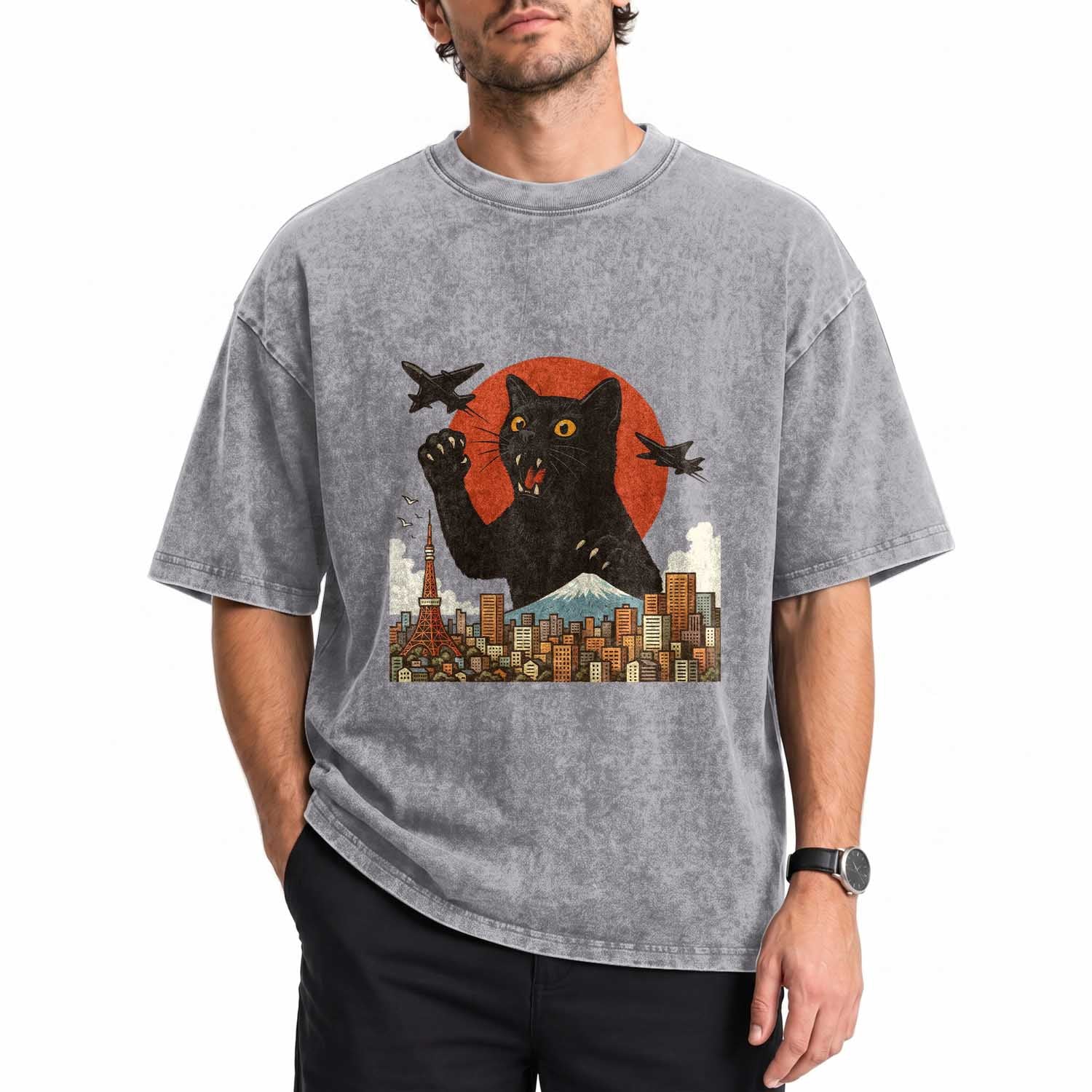 Funny Giant Cat Monster Roaring Tokyo Japan Washed Cotton T-Shirt