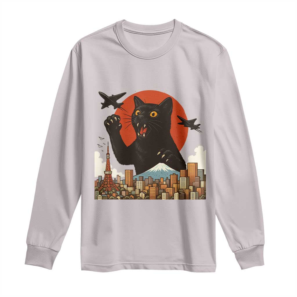 Funny Giant Cat Monster Roaring Tokyo Japan Long Sleeve Shirt TS12 Ice Gray Print Your Wear