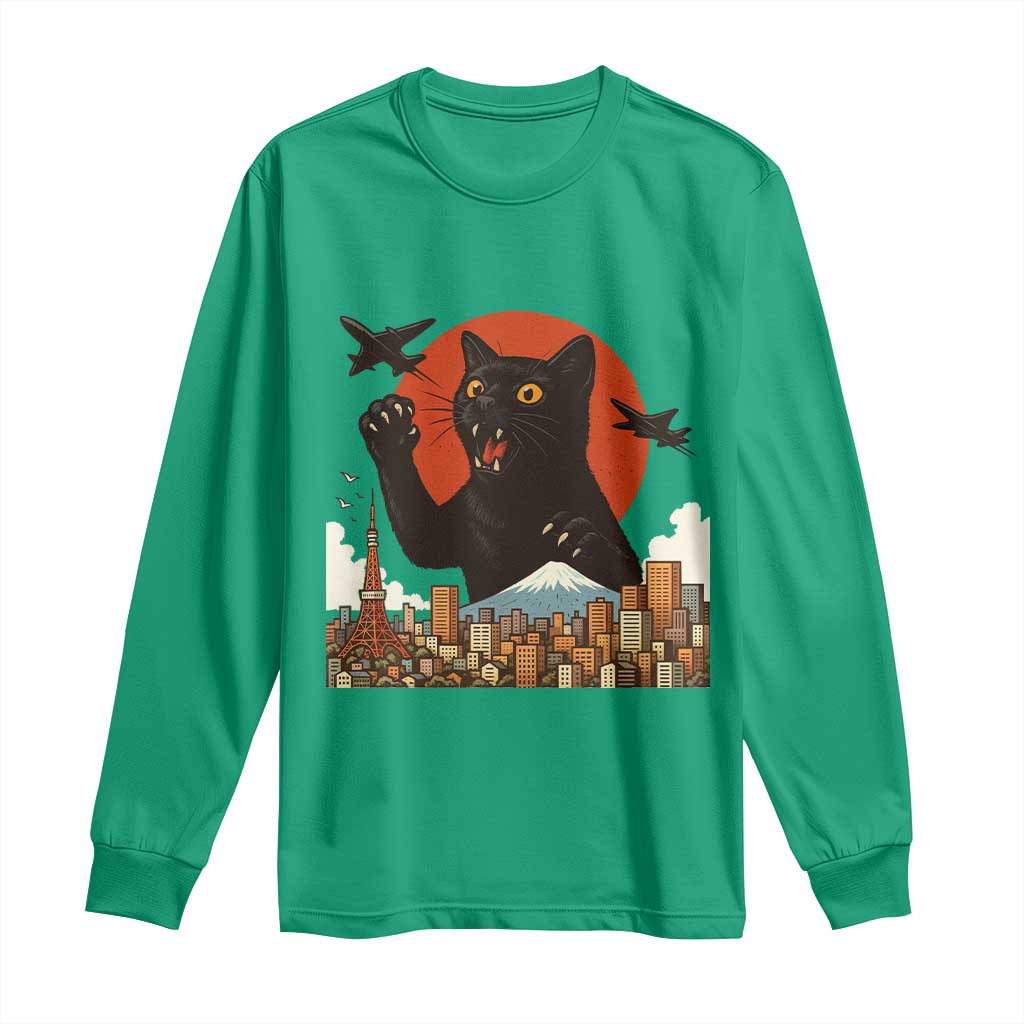 Funny Giant Cat Monster Roaring Tokyo Japan Long Sleeve Shirt TS12 Irish Green Print Your Wear