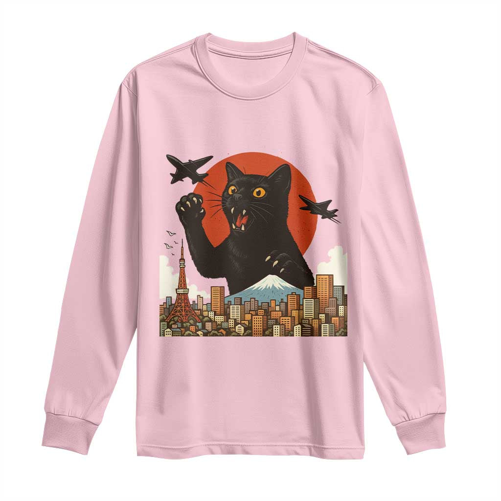 Funny Giant Cat Monster Roaring Tokyo Japan Long Sleeve Shirt TS12 Light Pink Print Your Wear