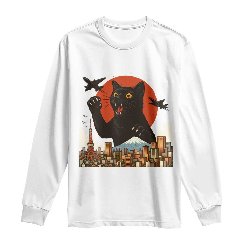 Funny Giant Cat Monster Roaring Tokyo Japan Long Sleeve Shirt TS12 White Print Your Wear