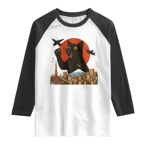 Funny Giant Cat Monster Roaring Tokyo Japan Raglan Shirt TS12 White Black Print Your Wear