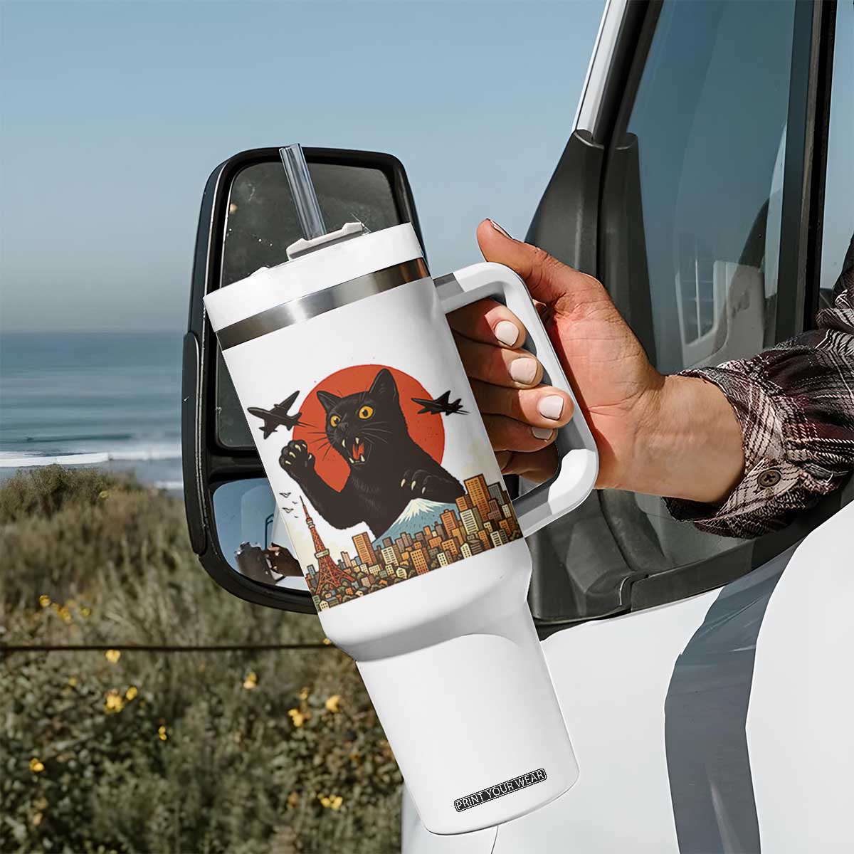 Funny Giant Cat Monster Roaring Tokyo Japan Tumbler With Handle TS12 Print Your Wear