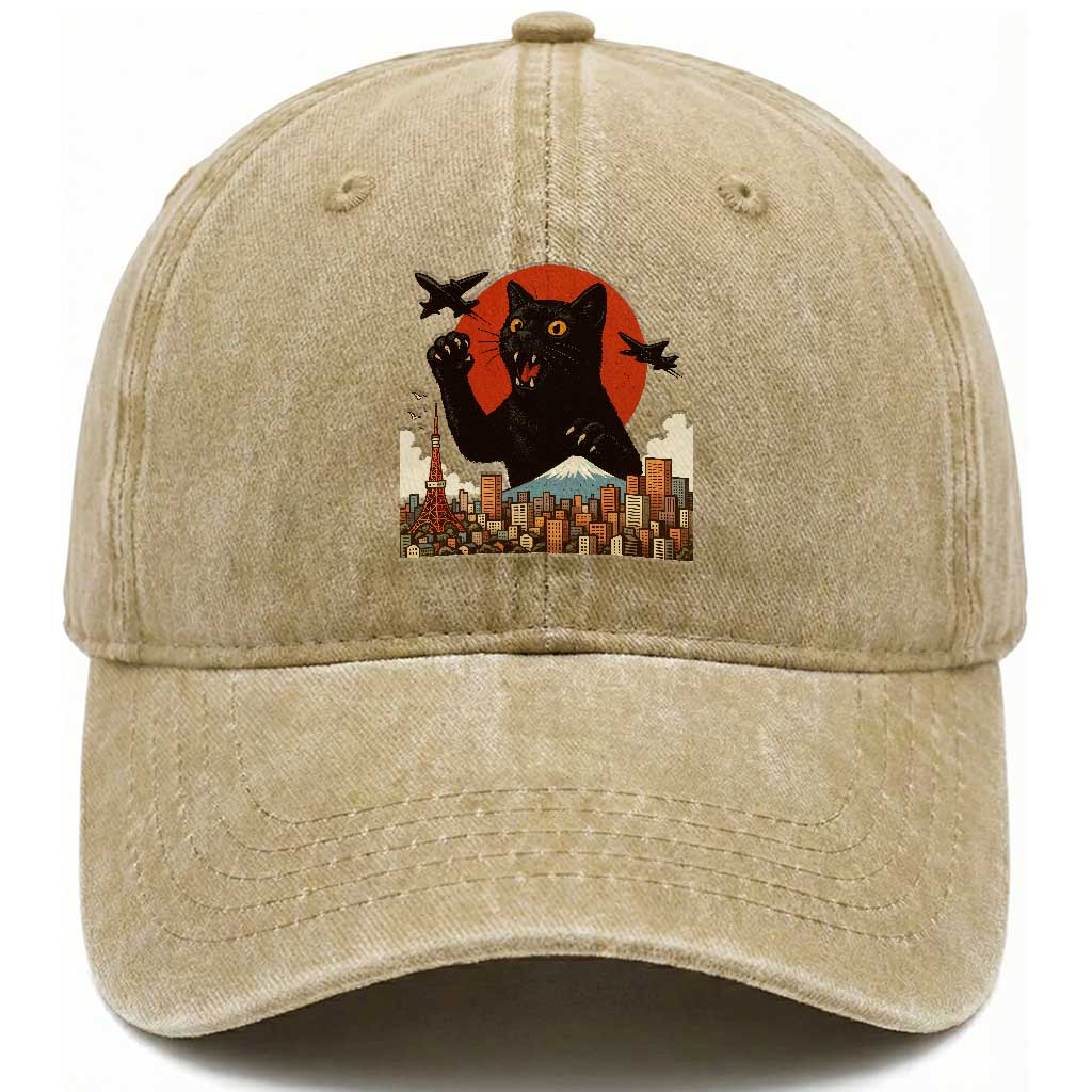 Funny Giant Cat Monster Roaring Tokyo Japan Washed Cotton Baseball Cap TS12 Print Your Wear