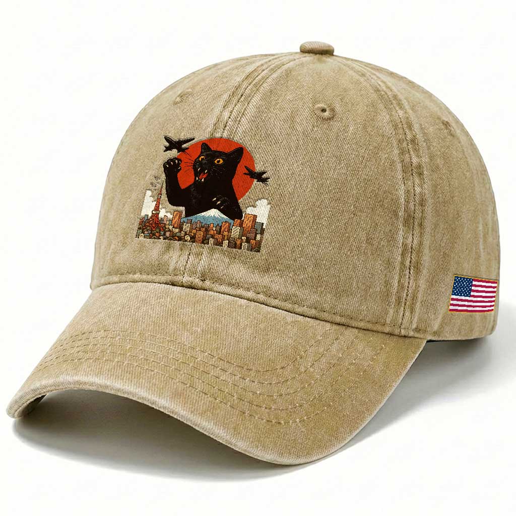 Funny Giant Cat Monster Roaring Tokyo Japan Washed Cotton Baseball Cap TS12 Print Your Wear