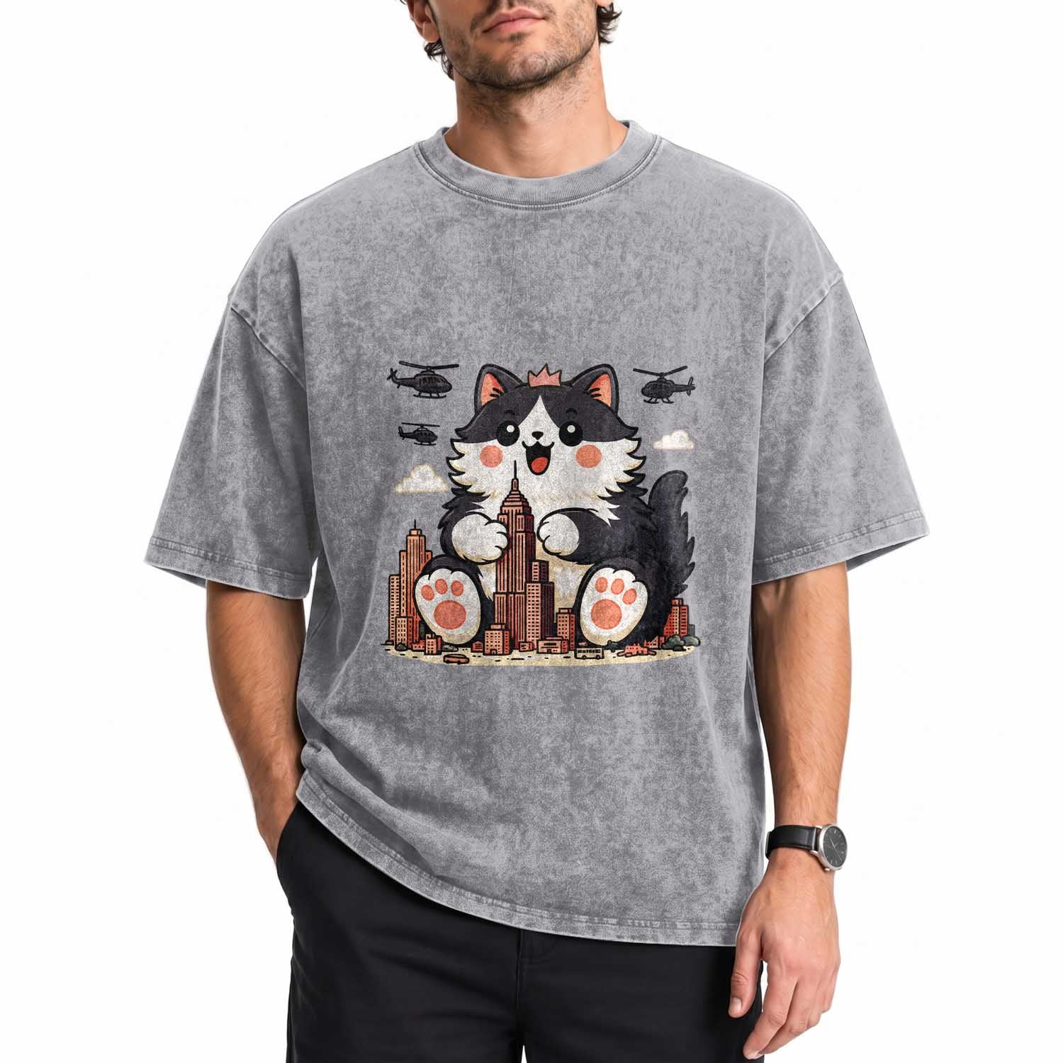 Funny Giant Cat Monster Invades City Washed Cotton T-Shirt Cat Lover Gift