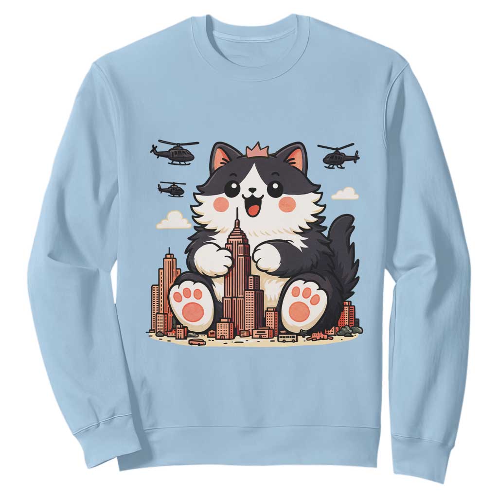 Funny Giant Cat Monster Invades City Sweatshirt Cat Lover Gift TS12 Light Blue Print Your Wear