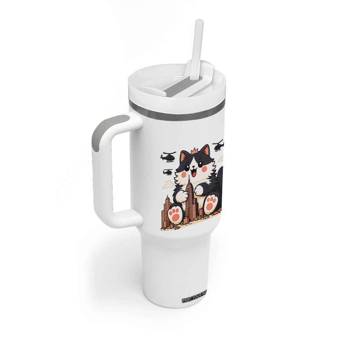 Funny Giant Cat Monster Invades City Tumbler With Handle Cat Lover Gift TS12 Print Your Wear