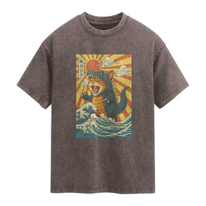 Kawaii Cat Monster Japanese Sun Wave Art Washed Cotton T-Shirt