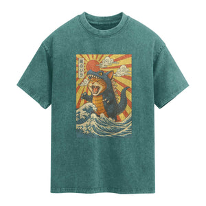 Kawaii Cat Monster Japanese Sun Wave Art Washed Cotton T-Shirt