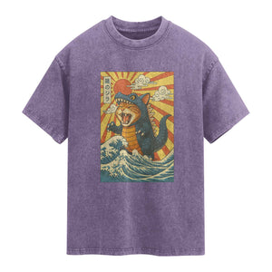 Kawaii Cat Monster Japanese Sun Wave Art Washed Cotton T-Shirt