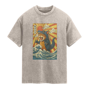 Kawaii Cat Monster Japanese Sun Wave Art Washed Cotton T-Shirt