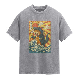 Kawaii Cat Monster Japanese Sun Wave Art Washed Cotton T-Shirt