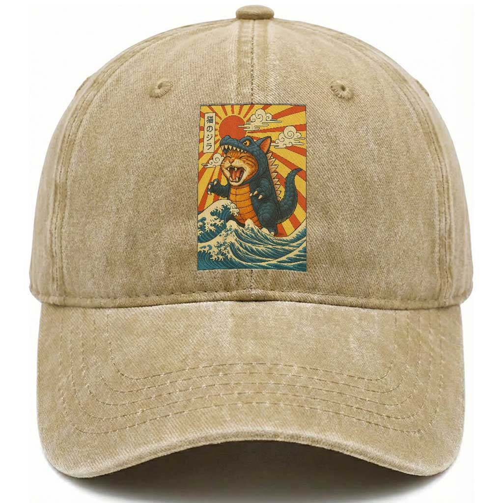 Kawaii Cat Monster Japanese Sun Wave Art Washed Cotton Baseball Cap TS12 Print Your Wear