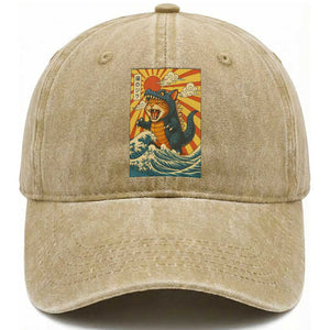 Kawaii Cat Monster Japanese Sun Wave Art Washed Cotton Baseball Cap TS12 Print Your Wear
