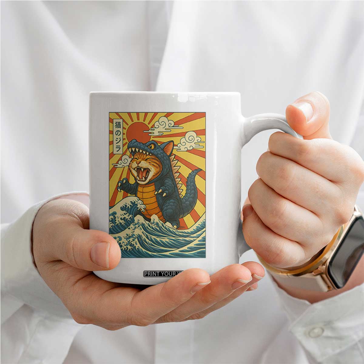 Kawaii Cat Monster Japanese Sun Wave Art Coffee Mug TS12 Print Your Wear
